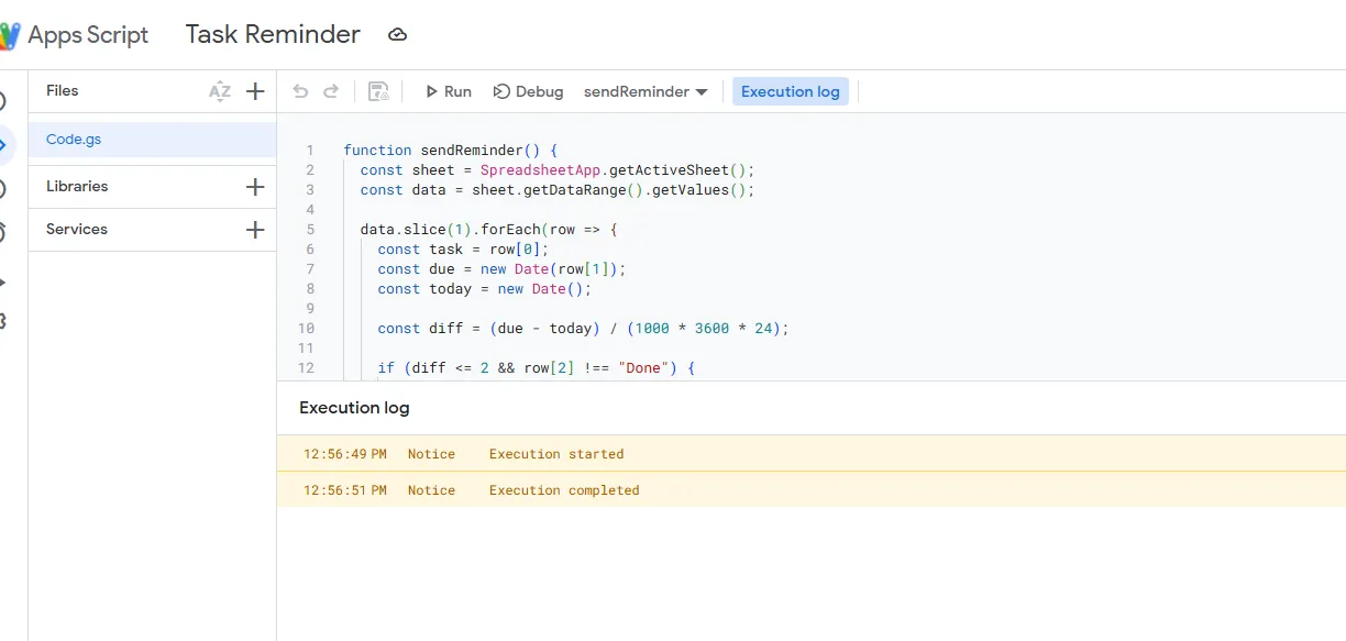 Apps Script Editor with Execution Log
