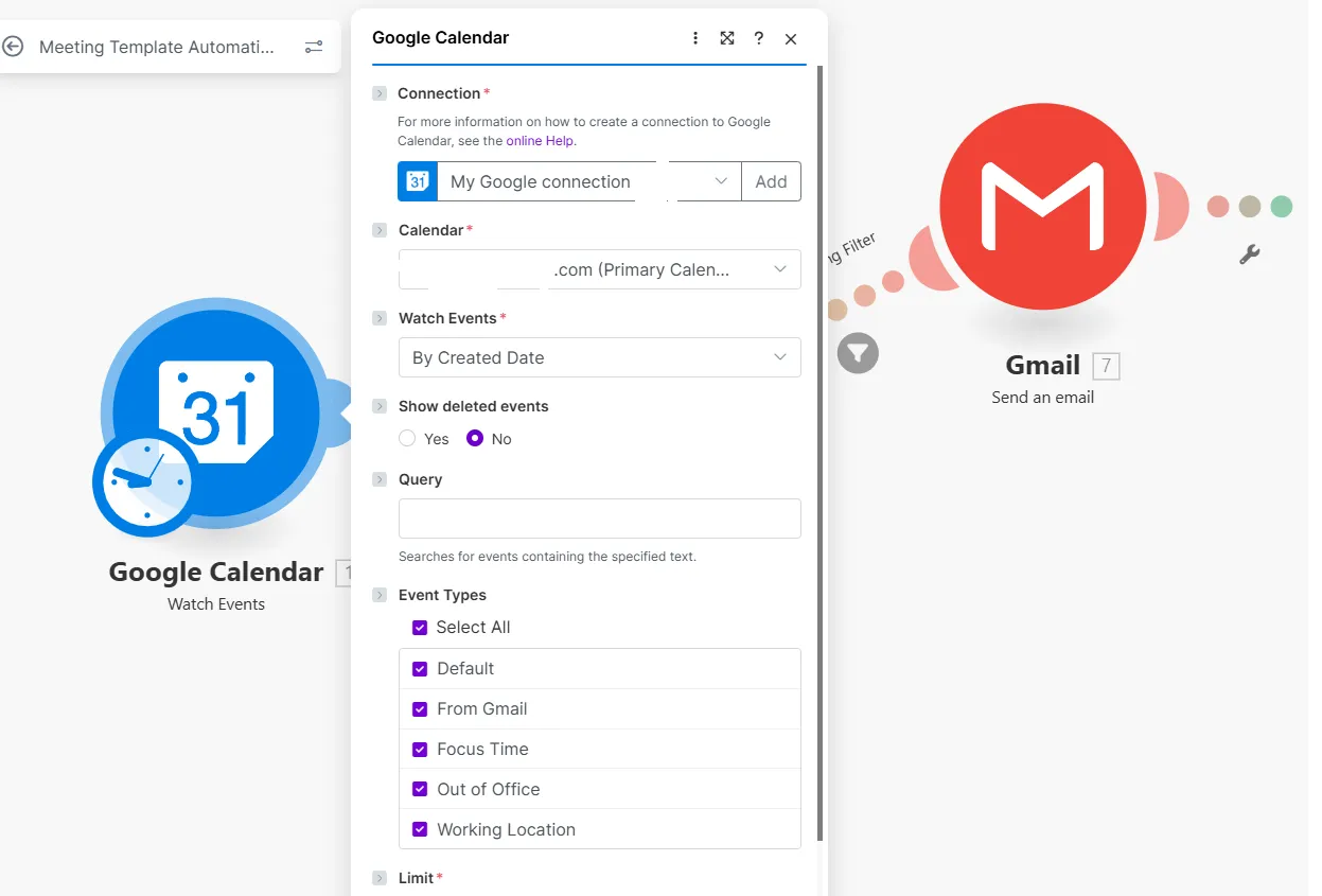 Google Calendar Trigger Settings